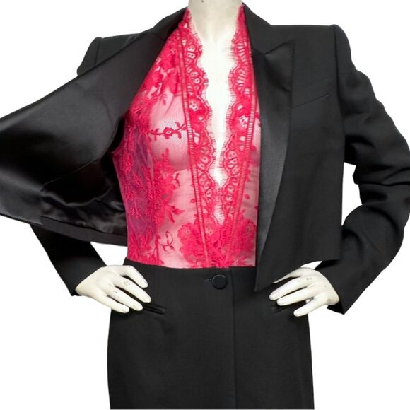 ALEXANDER McQUEEN Trompe L'Oeil Wool Silk Tuxedo Jacket Pink Lace Top S M 6 8 - Picture 4 of 16